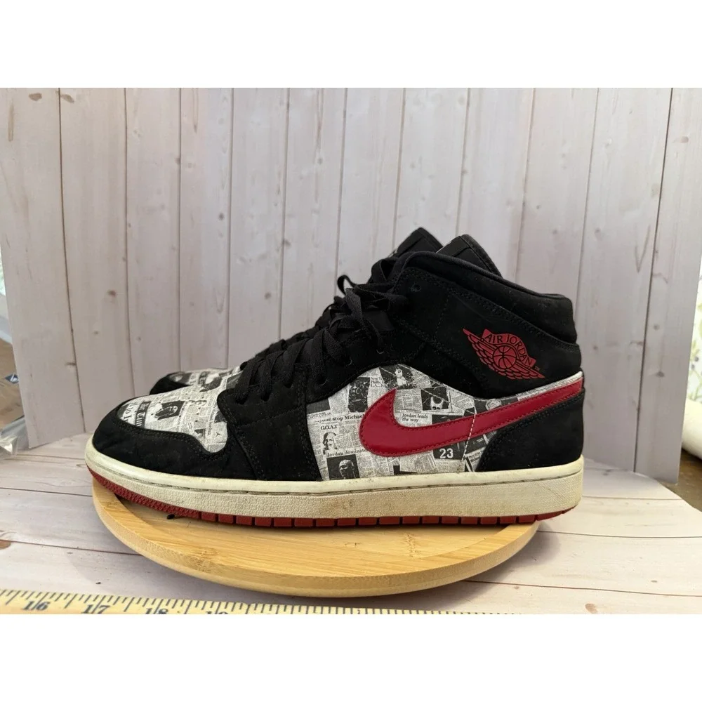 Jordan 1 Mid SE Air Times Newspaper Print Black Red White Sneakers Size 11